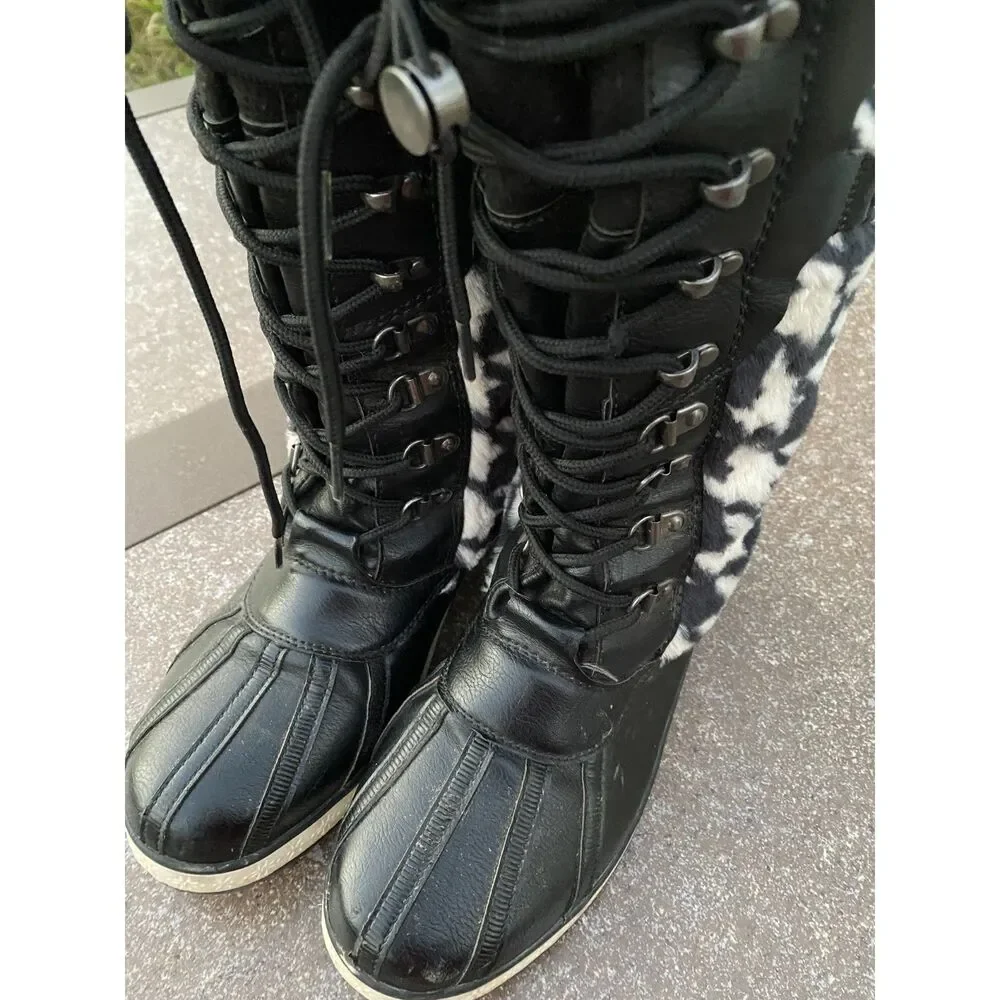 Esangli Houndstooth Faux Fur Tall Snow Duck Boots - Women’s Size 7.5 (EU 38)